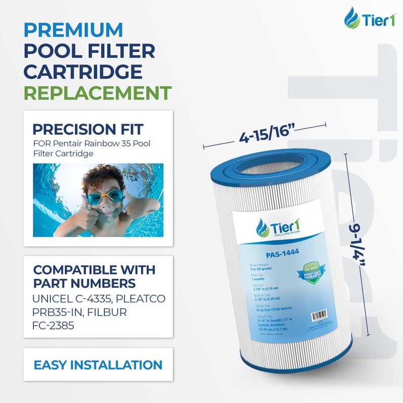 Tier1 Replacement for Pentair Rainbow 35 Pool Filter Cartridge | Compatible with Unicel C-4335, Pleatco PRB35-IN, Filbur FC-2385 | 9-1/4" x 4-15/16" | Trilobal Fabric | Washable Pool Cartridge - Image 2